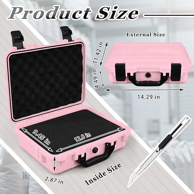 14.3 x 11.4 x 4.5 Inch Waterproof Hard Case with DIY Customizable Foam Insert Portable Protective Case with Knife for Camera Drones Equipments Tools Test Instruments (Pink)
