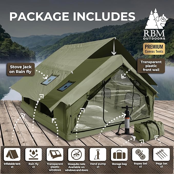 Panda Inflatable Tents for Camping with Stove Jack, Canvas Blow Up, Easy Setup Inflatable Tent, Waterproof Hot Inflatable Outdoor House, Casa de Campaña with Hand Pump