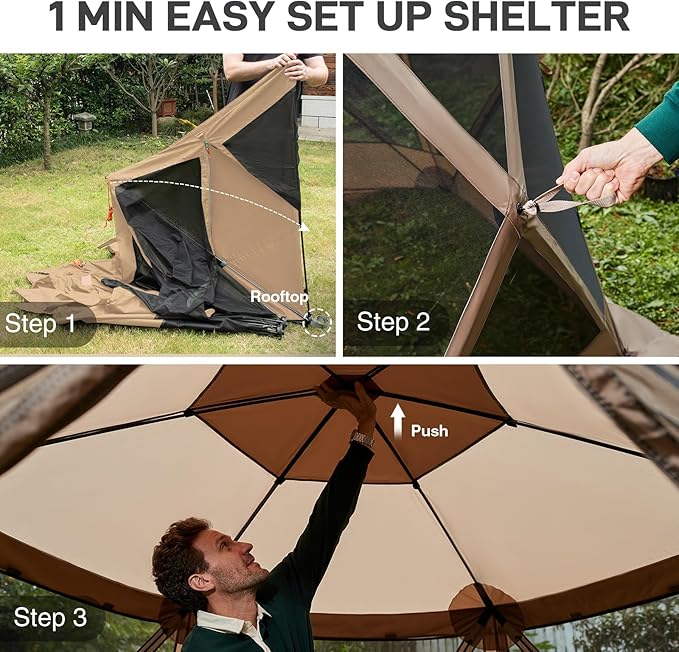 EVER ADVANCED Pop up Screen House Tent for Camping 11.5 x 9.8 ft, Instant Screened Gazebo Canopy with Netting, Portable Shelter Enclosure for Outdoor, Backyard, Khaki