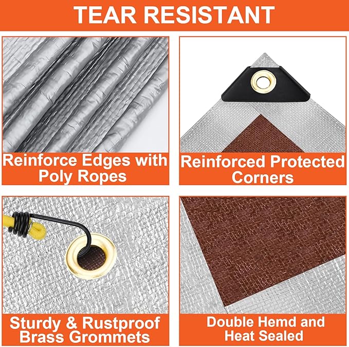 Tarp Waterproof 10x20 Ft Heavy Duty Tarp Thicker 16 Mil Large Tarps with Brass Grommets and Reinforced Edges, UV&Fade Resistant Tear Resistant Plastic Tarp for Outdoor Camping Roof Pool Tent