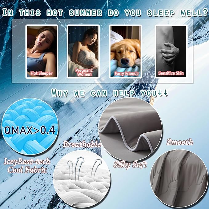MorroMorn Cooling Comforter for Hot Sleepers & Night Sweats - IceyRest Cold Touch Technology, Lightweight Summer Blanket All-Season Breathable Silk Smooth (Cool Gray, Full Queen 90"x90")