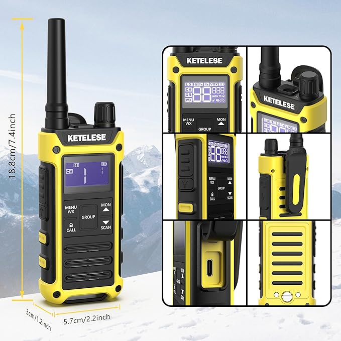 T3F IP67 Waterproof Walkie Talkies, Rugged Two Way Radio with Earpiece, Triple Proof, Three Charging Options, FRS 2 Way Radio, NOAA, VOX (6 Pack), Black/Yellow