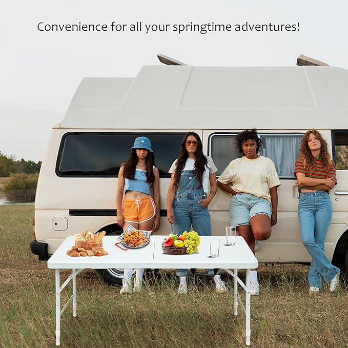 Portable Plastic Folding Table 4ft/6ft/8ft Heavy Duty White Black Picnic Dining Table Fold-in-Half for Camp Party Kitchen Indoor Outdoor (White, 4FT)