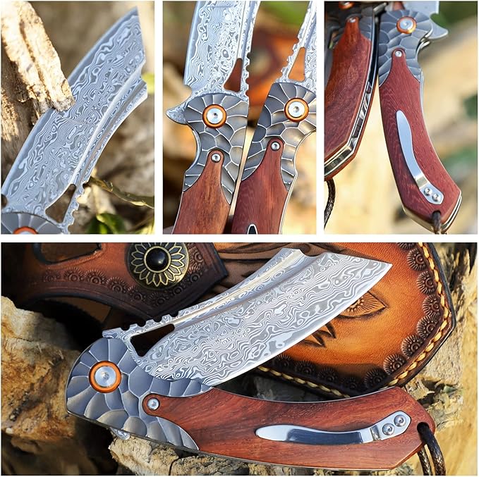 men's pocket knife Damascus Steel Handmade Folding Knife,3.5 in blade rosewood handle,with leather case ,Liner Lock Steel ball bearings,pocket clip ,EDC Camping Outdoor Survival Knife