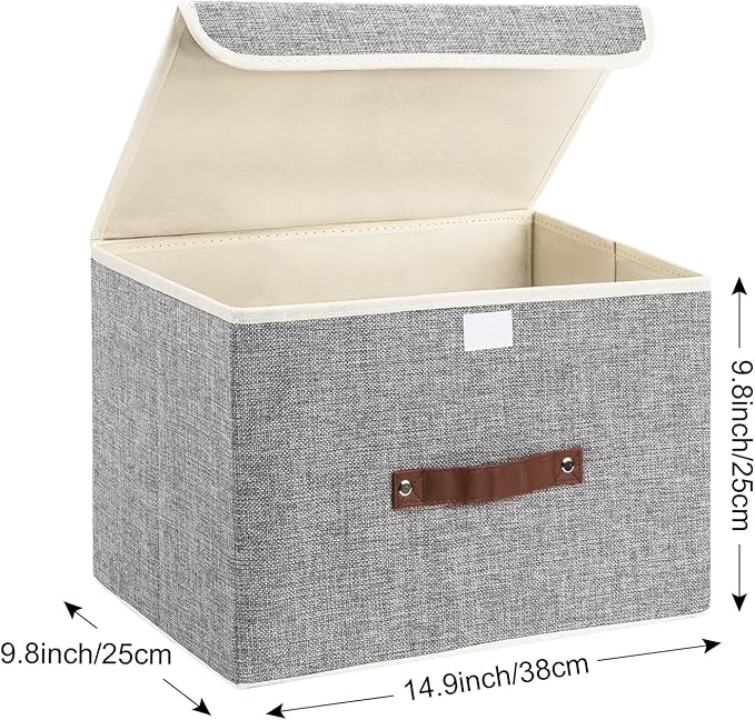 TYEERS Collapsible Storage Boxes, Washable Fabric Storage Bins with Lids, 14.9x9.8x9.8 inches, 3 Pack, Gray