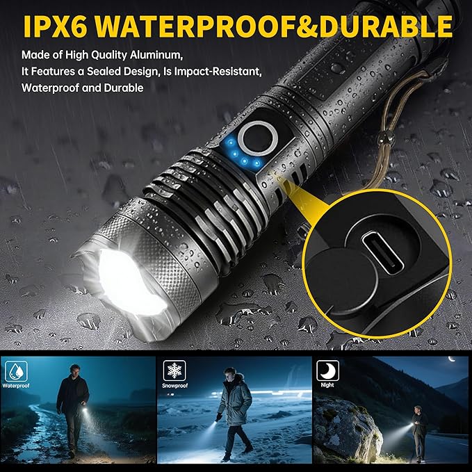 Rechargeable Flashlights High Lumens, Handheld LED Flashlights Powerful with 5 Modes,Waterproof Tactical Bright Fflash Light 9000 Lumens Battery Powered for Home, Emergencies, Camping, Hiking, 2 Pack