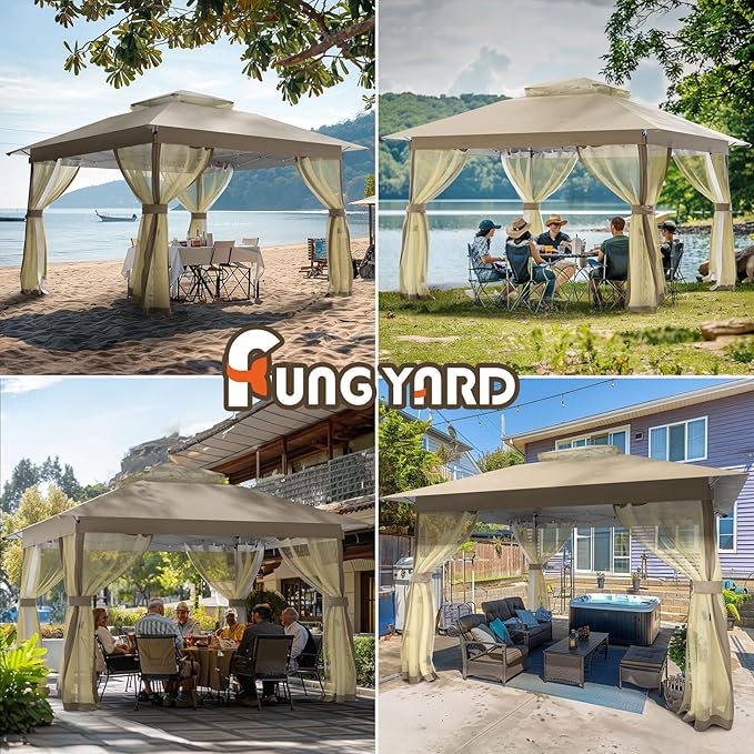Pop Up Gazebo 11x11 - Outdoor Canopy Tent with Mosquito Netting & Wheeled Carry Bag, Double Roof Gazebos for Backyard Party Garden Wedding Camping (Beige, 11x11)