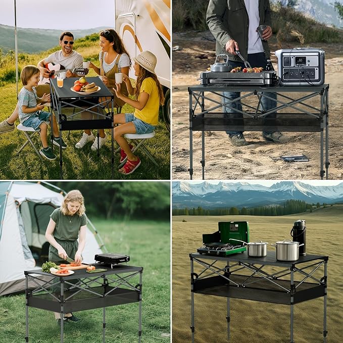 FUNYKICH Folding Camping Table(L39.4''xW19.7''), Aluminum Roll-up Portable Picnic Table with 2 Adjustable Height, Large Storage and Carrying Bag for Picnic, Camping, BBQ, Party, Backyard, Beach