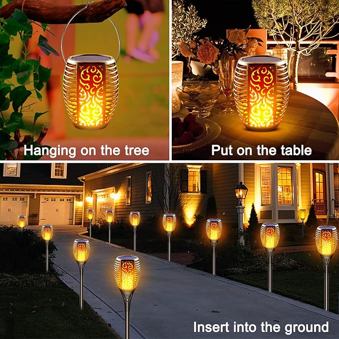 8 Pack Solar Lights Outdoor - Upgraded Solar Tiki Torches with Realistic Flickering Flame, 3-in-1 Fire Effect Hanging Lantern for Garden, Pathway, Yard, Patio - Waterproof & Auto On/Off