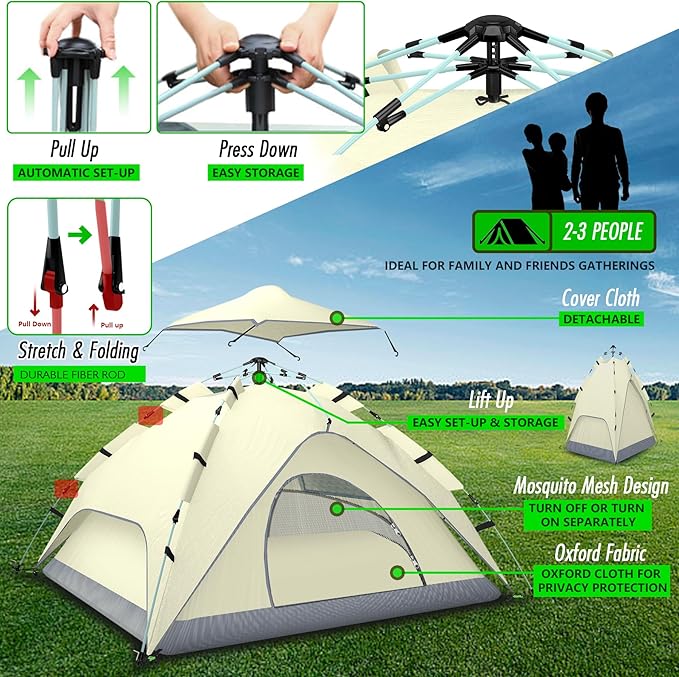 Instant Pop Up Tent 2-3 Person Reactive Outdoor Tent with Mesh Windows 3 Second Setup Waterproof & Portable for Camping & Hiking, Backpacking