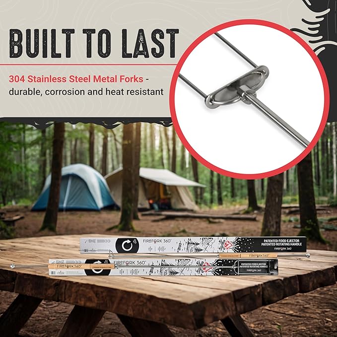 Extra Long Cooking Fork with Patented Rotating Handle and Food Ejector. Stainless Steel Camping Forks for Fire Pit, BBQ, Campfire Marshmallow Roasting Sticks, Hot Dogs, S'mores
