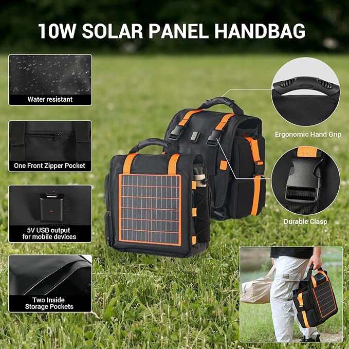 Solar Panel Charging Bag for Outdoor Camping, 10W 5V Charge for Phones and Device,Contains 1 Rechargeable Folding Fan and 3 Different Rechargeable Camping Lamps, 5 in 1 Camping Essentials Handbag