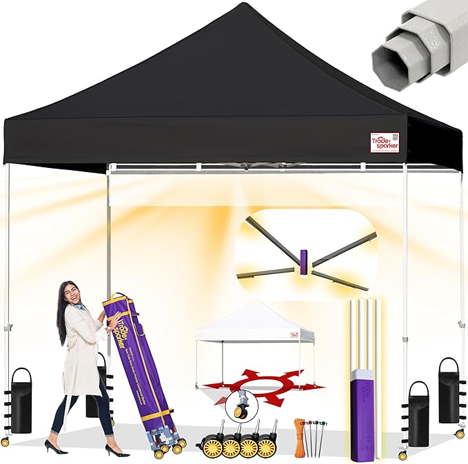 Tradesparker 8x8 Pop Up Canopy Tent,Easy up Commercial Canopy Tent Instant Shelter for Beach Events Parties Camping Market,Pop Up Canopies with LED Curtain+Casters+Weight+Stakes,Black