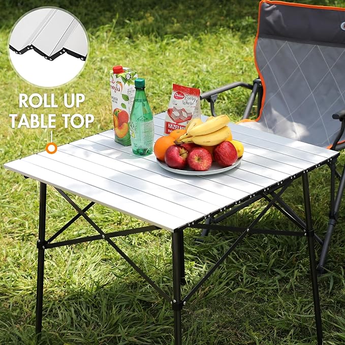 PORTAL Lightweight Aluminum Folding Square Table Roll Up Top 4 People Compact Table with Carry Bag for Camping, Picnic, Backyards, BBQ, Silver