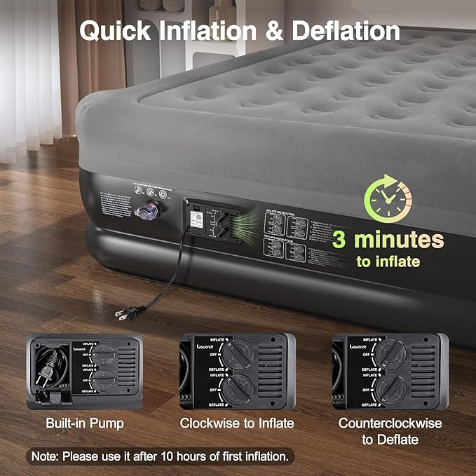 Queen Air Mattress with Built in Pump,16" Deluxe Blow Up Mattress Airbed, Comfy Self Inflating Air Mattress, 3Min Fast Inflatable Mattress for Camping, Home, Guests, Travel(661lb MAX), Gray