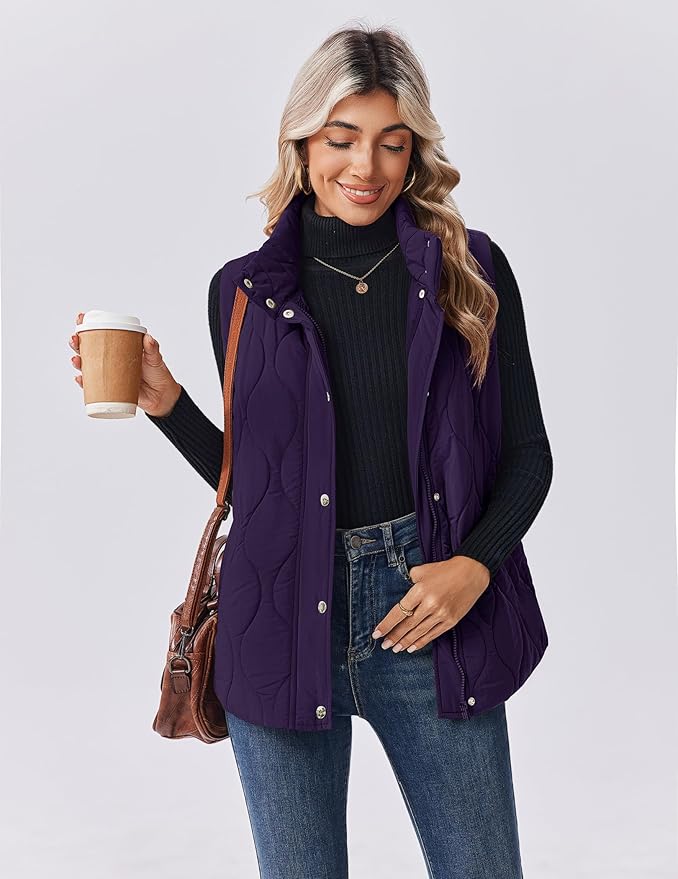 Zeagoo Puffer Vest Women Sleeveless Quilted Jacket Lightweight Snap Zip Up Stand-up Collar Down with Pockets Outerwear