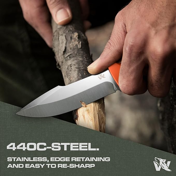 WOLF-I Full Tang Survival Knife with Sheath - Stylish Tactical Fixed Blade - Made of 440C Steel - Bushcraft and Camping Knife Survival - Perfect EDC Outdoor Knife with TPE Handle