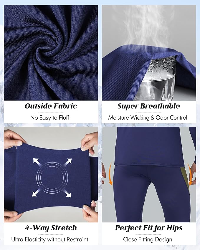 romision 2 Pack Thermal Underwear for Men Long Johns Fleece Lined Hunting Gear Bottom Top Set Base Layer Cold Weather XS-4XL
