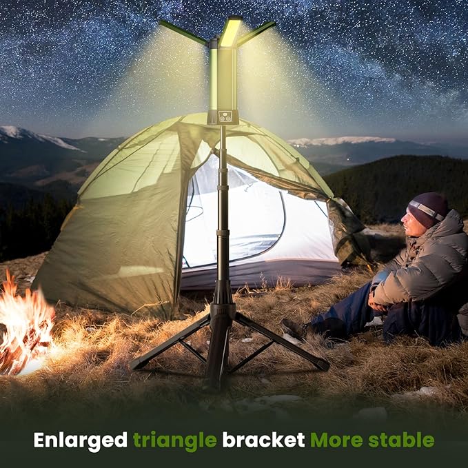 Rechargeable Camping Light with Stand - 54" Tall Cordless Work Light Portable USB Tripod Lights 2000 Lumen 3 Page Head with Carrying Bag for Outdoor Hiking Workshop Job Site(Green-B)
