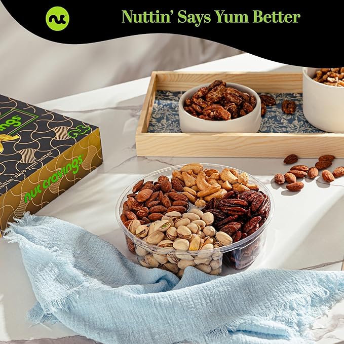 NUT CRAVINGS - Diwali Sweets Hamper Mixed Nuts Gift Basket in Black Gold Box (4 Assortments) Food Arrangement, Healthy Snack Care Package, Food Assortments