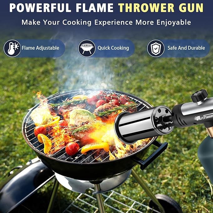 Powerful Propane Torch Gun, Flamethrower with Turbo Mode, Charcoal Torch Lighter with Safety Lock, Kitchen Blow Torch for Cooking, BBQ, Searing Steak, Grill(Tank Not Included)