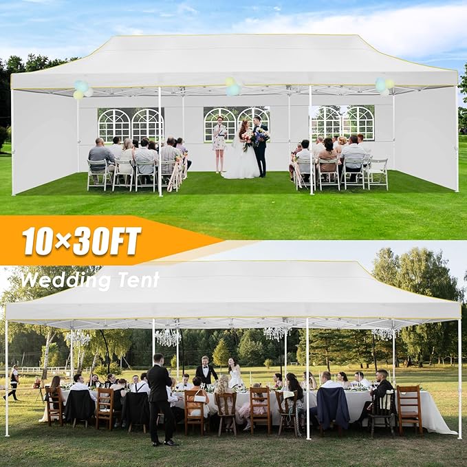 HOTEEL Tents for Parties 10x30 Heavy Duty Pop Up Canopy Tent with 5 Sidewalls&Wheeled Bag, Commercial Event Party Tent Wedding Instant Canopy Waterproof, UV 50+, Upgraded Thicked Hexagonal Legs, White