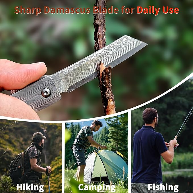 KATSU Handmade Damascus Pocket Knife Wood Handle, Japanese Razor Folding Knives for Men Linner Lock,Snake Wood Damascus Blade Flipper Knife with Leather Sheath Camping Hiking