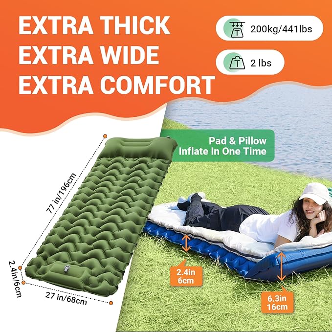 KingCamp Sleeping Pad for Camping, Ultralight Connectable Inflatable Sleeping Pad Camping Mattress with 6.3" Built-in Pillow & Foot Pump for Backpacking Hiking Tent Cot