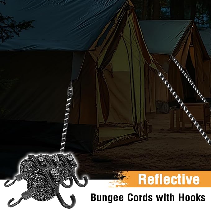 Bungee Cords with Hooks Heavy Duty, Flat Adjustable Bungee Cords with Hooks 40 Inch, Reflective Rubber Black Bungee Straps with Buckle Hooks for Outdoor, Camping, Tarps, Bike Racks, Tents, Black