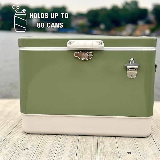 FSE Retro Metal Cooler, 80 Can/54 Qt. Capacity, Hard-Sided, Two Tone, Holds Up to 80 Beverage Cans, Metal Construction with Plastic Lining