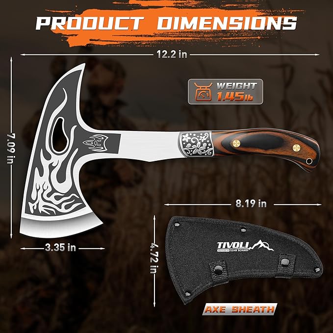 TIVOLI 12.2" Camping Axe, Flame - Patterned Survival Hatchet with Nylon Sheath, High Carbon Steel Blade & Comfortable Ergonomic Wood Grip, Outdoor Bushcraft Axe for Camping, Hiking, Chopping, Hunting