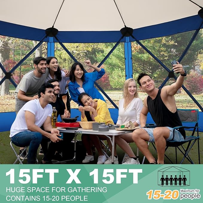 COBIZI 15x15ft Extra Large Pop-Up Gazebo Canopy Tent with Mosquito Netting, Spacious Easy Set-Up Screened Shelter, Durable Outdoor Pavilion with Ground Stakes, Perfect for Patio, Backyard, and Lawn