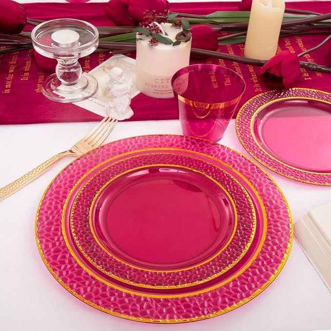 Ciaell 150PCS Clear Red Plastic Plates - Disposable Red and Gold Plates Set include 50Plates, 25Forks, 25Knives, 25Spoons, 25Cups for Wedding & Party & Christmas