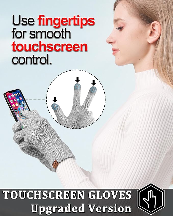 REACH STAR 2 Pairs Winter Gloves for Women - Upgraded Touch Screen Warm Knit Gloves Cold Weather, Soft Fleece Lining Elastic
