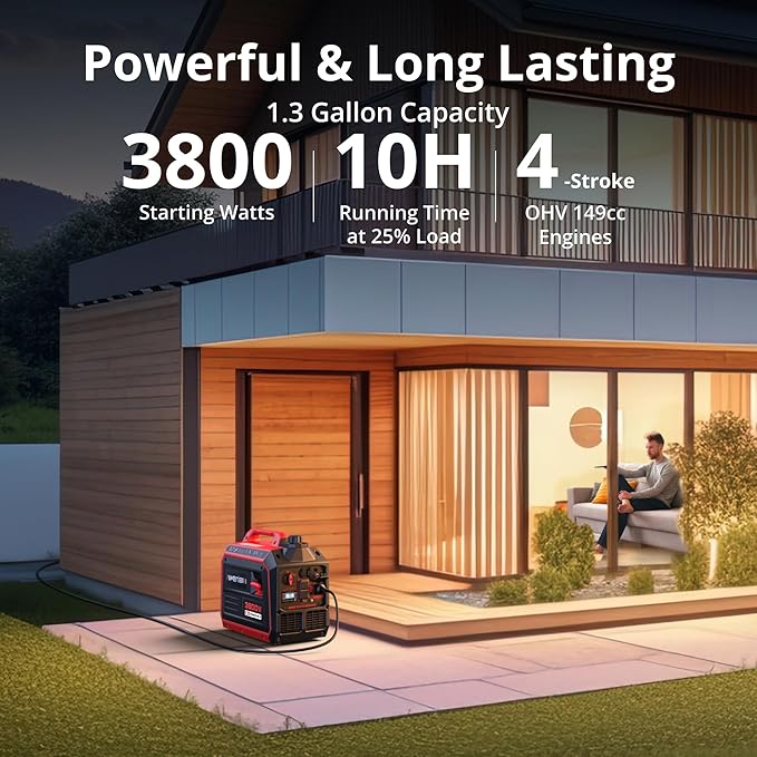 3800W Portable Inverter Generator for Home Use, Gas Powered Generator Super Quiet with CO Sensor ECO Mode EPA Compliant, Parallel Capable Long Run Time for Camping Tailgating Emergency Use