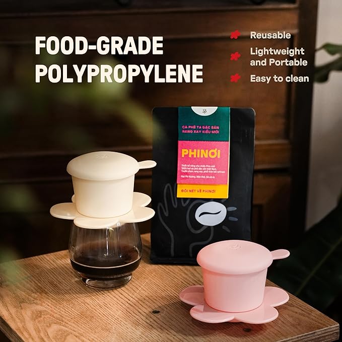 – Vietnamese Coffee Dripper – MIX COLORS – Pour Over Coffee Maker with Flower Design – Reusable Coffee Filter for Sustainable Brewing (Pink + Ivory)