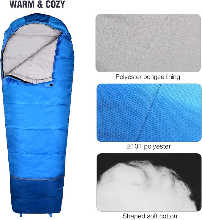 REDCAMP Kids Mummy Sleeping Bag for Camping, 3 Season Cold Weather Sleeping Bag Fit Boys,Girls & Teens, Blue/Rose Red