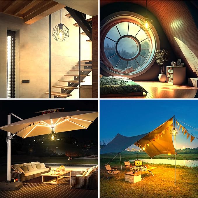 MEIHONG Solar Pendant Lights Outdoor, Waterproof Metal Solar Hanging Lights, Gazebo Lights, Indoor/Outdoor Lights with Pull Cord for Home Shed Barn Garage Storage