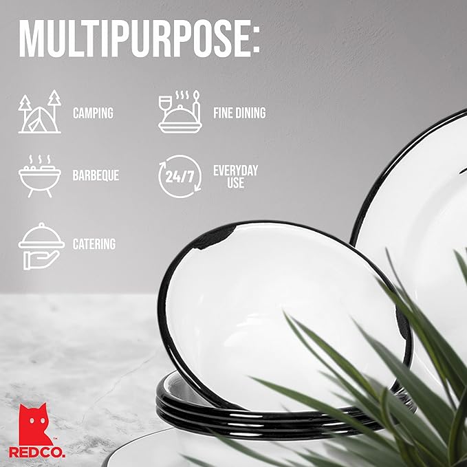 Red Co. 16-Piece Enamelware Metal Dinnerware Set for 4, Distressed White/Black Rim