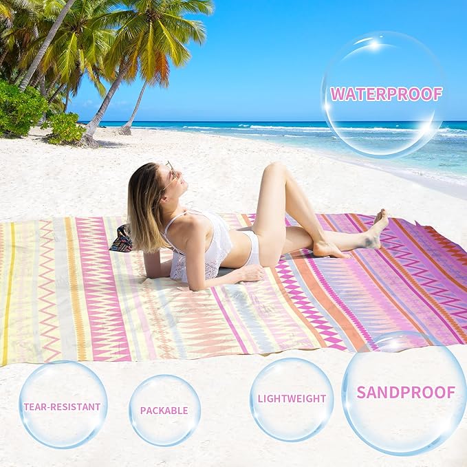 BYDOLL Beach Blanket Waterproof Sandproof 78''ร81'' Suits1-4 Adults Compact Lightweight Oversized Sand-Free Blanket Large Picnic Mat for Beach Travel Camping Hiking