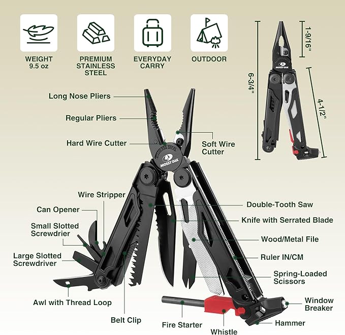 MOSSY OAK Multitool, 19-in-1 Stainless Steel Multi Tool Pliers, Survival Tools with Fire Starter, Window Breaker, Whistler, Self-locking EDC Gear with Sheath for Outdoor, Survival, Camping, Hiking
