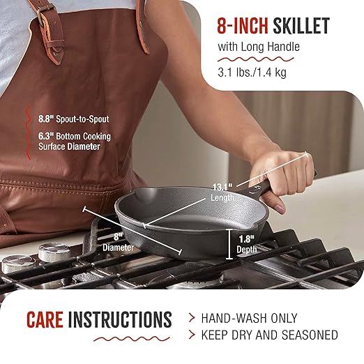 Victoria 8-Inch Cast Iron Skillet, Pre-Seasoned Cast-Iron Frying Pan with Long Handle, Made in Colombia