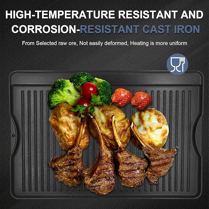 Criditpid Flat Griddle Top Plate Replacement Parts for Gas Stove, Charcoal, Electric, Propane, Gas Grill, 16” x 24” 2-in-1 Reversible Pre-Seasoned Cast Iron Cooking Griddle for Camping Tailgating.