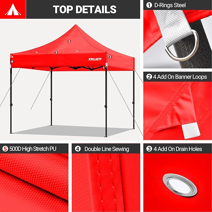 10x10 Canopy Replacement Top for Pop Up Canopy Tent - 4 Drainage Holes,10x10ft Canopy top Suitable for Most of The Standard Canopy(top only) (Red)