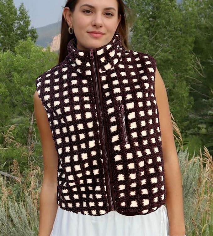Colorful world Womens Checkered Sherpa Vest Fleece Jacket Lightweight Zip Up Sleeveless Crochet Plaid Gilet with Pocket