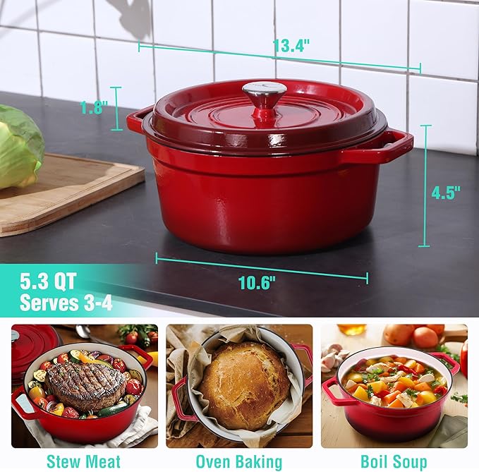 HAUSHOF 5.3QT Enameled Cast Iron Dutch Oven with Lid, Non-Stick Pot for Sourdough Bread Baking, Stewing, Rosting, Island Spice Red