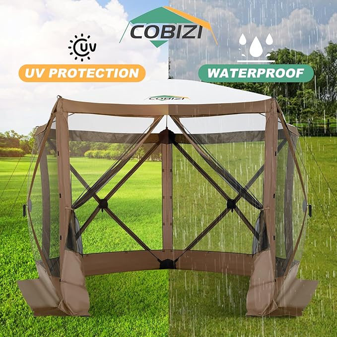 COBIZI 10x10ft Pop up Gazebo Screen House Tent for Camping, Pop-up Camping Canopy with Sidewalls,Portable Outdoor Quick-Set Hub Tent with Carrying Bag&Ground Stakes,Brown(Upgraded 2.0)