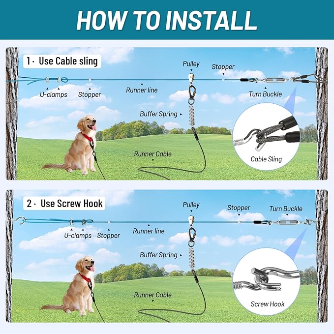 Dog Runner for Yard, Heavy Duty 150FT Dog Runs for Outside with 10FT Tie Out Cable, Trolley System Zipline for Large Dogs Up to 250lbs, Chew Proof Run Cable for Camping