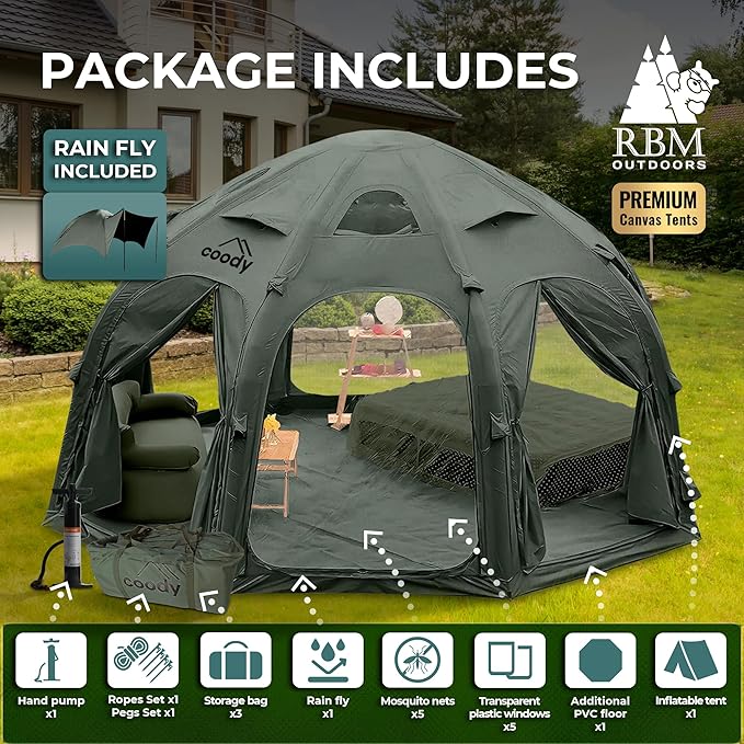 Coody | Rbm Outdoors Koala/Hub/Octopus Inflatable Tents for Camping with Stove Jack, 2/8/10 Person Luxury Canvas Blow Up Tent, 2 Room, Easy Setup Casa de Campaña, Large Inflatable House with Pump