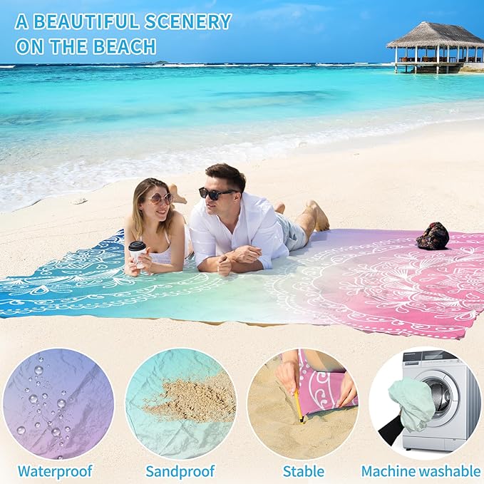 BYDOLL Beach Blanket Waterproof Sandproof 78''ร81'' Suits1-4 Adults Compact Lightweight Oversized Sand-Free Blanket Large Picnic Mat for Beach Travel Camping Hiking